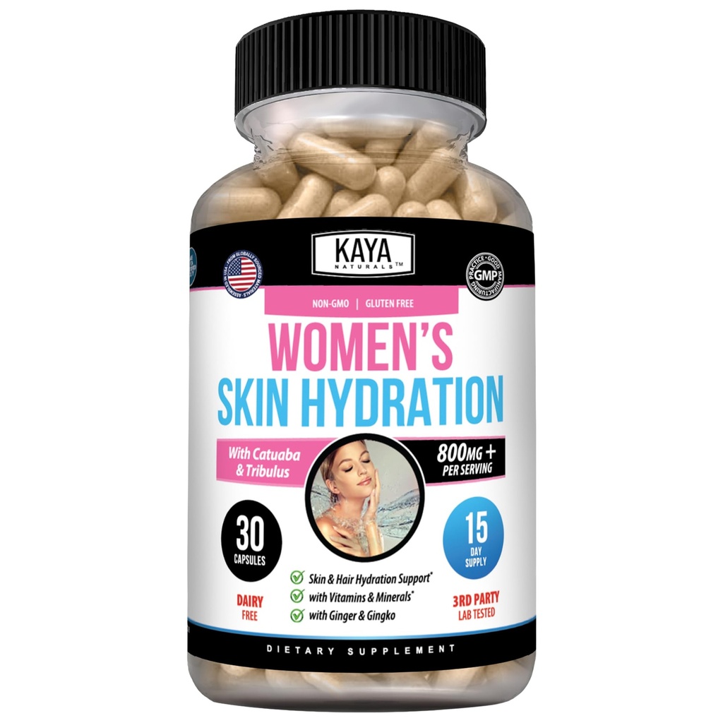 Kaya Naturals Haut Hydration Vitamine - Weibliche Pillen - Haut Enhancer Kapseln -Hydration Booster für Frauen - Fördert erhöhte Energie, Stimmung & Stamina - Reduzierung der Trockenheit - 30 Veggie Kapseln