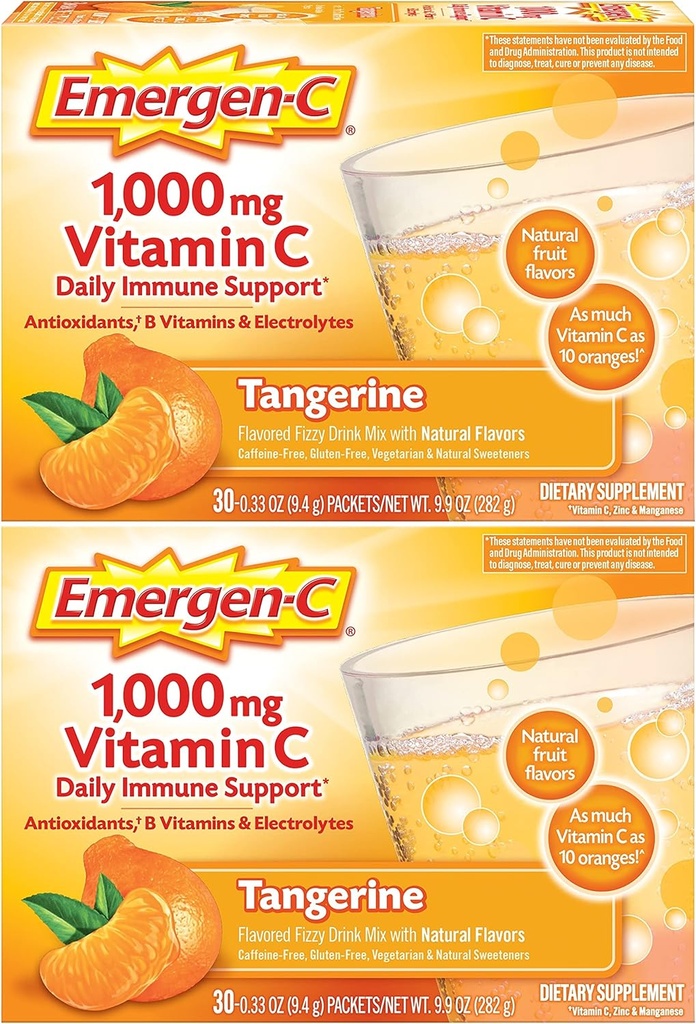 Emergen-C 1000mg Vitamin C Pulver, mit Antioxidantien, B Vitamine und Elektrolyte, Vitamin C Nahrungsergänzungsmittel für Immununterstützung, Koffeinfreies Getränk Mix, Tangerine Flavor - 60 Count/2 Month Versorgung