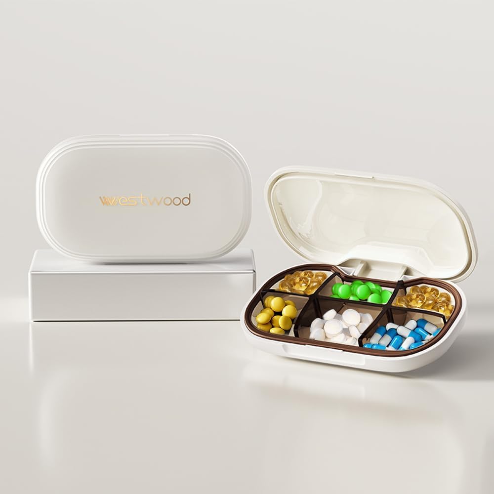 Kleine Pillen-Gehäuse mit 6 Komponenten, Delicate Tägliche Pille Box für Geldbeutel, Pill Organizer Pille Container Pille Halter für Vitamine, Fischöl, Ergänzungen und Medikamente (Weiß)