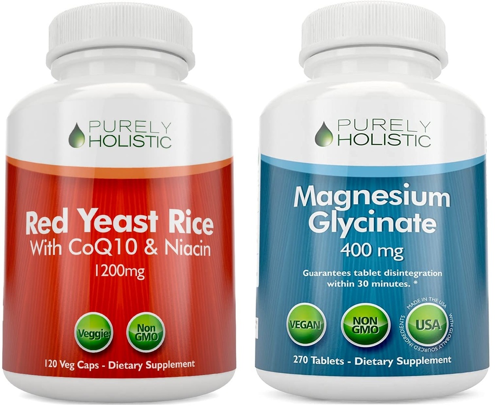 Rein ganzheitliche Rote Hefe Reis 1200mg mit CoQ10 & Niacin + Magnesium Glycinat 400mg - 120 Kapseln + 270 Tabletten - Made in USA