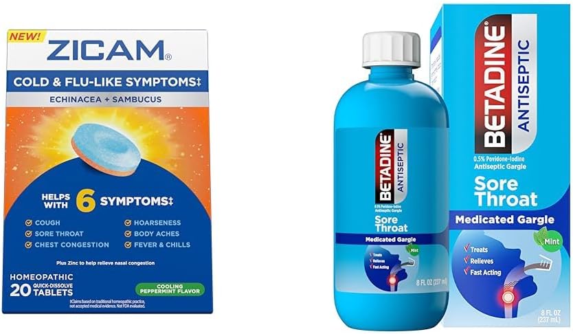 Zicam Cold Symptoms Relief mit Betadine Sore Throat Gargle, Echinacea & Sambucus Homeopathic Tablets, 20 Count & 8 FL OZ