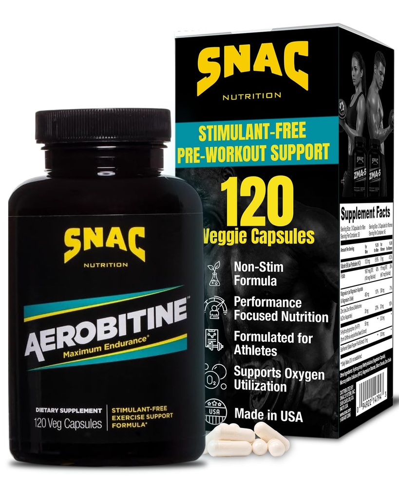 SNAC Aerobitine - Stimulant kostenlose Vor-Workout-Ergänzung für maximale Ausdauer. Stickstoffmonoxid-Booster, verbessert den Blutfluss, reduziert Fatigue & Thermogenic Vorteile. 120 Veggie Kapseln