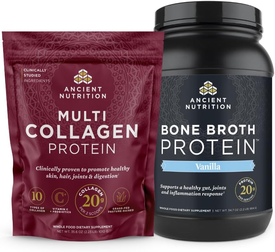 Antike Ernährung Multi Collagen Protein Pulver, Unflavored, 100 Servierungen + Knochen Broth Protein Pulver, Vanille, 40 Servierungen