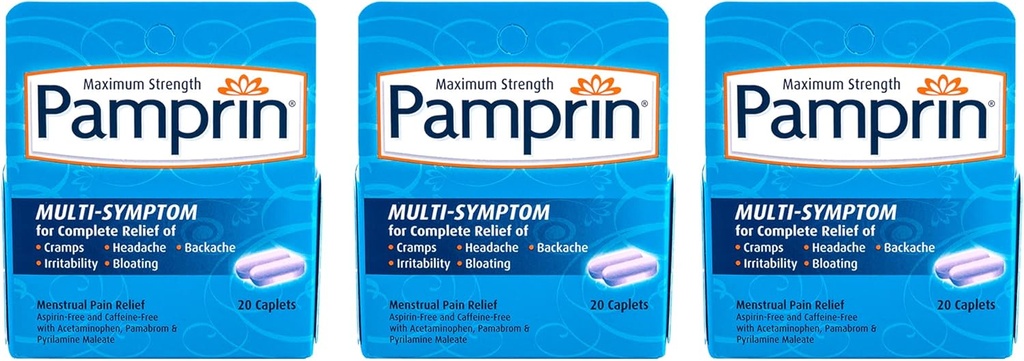 Pamprin Multi-Symptom-Formel, mit Acetaminophen, Menstrual Period Symptoms Relief, 20 Caplets (Pack von 3)