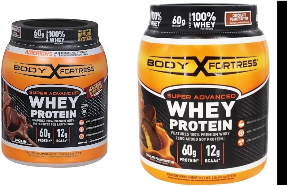 Body Fortress 100% Whey, Premium-Protein-Pulver, Schokolade, 1.78lbs (Packaging May Vary) & 100% Whey, Premium-Protein-Pulver, Chocolate Peanut Butter, 1.78lbs (Packaging May Vary)