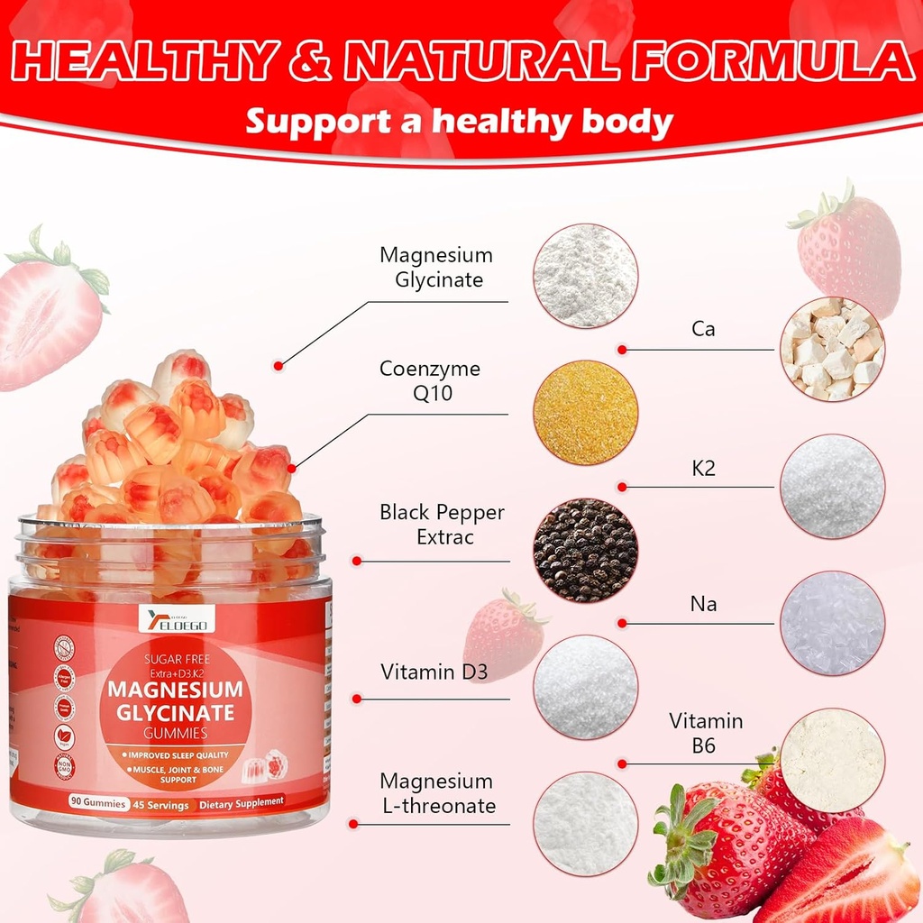 Magnesium Glycinat Gummi 600mg für Erwachsene, Zuckerfreie Magnesium Kaliumergänzung mit Magnesium Malat, Vitamin D3, K2, B6 und CoQ10 für Ruhe, Schlaf, Muskelunterstützung - Erdbeere, 90 Zähler