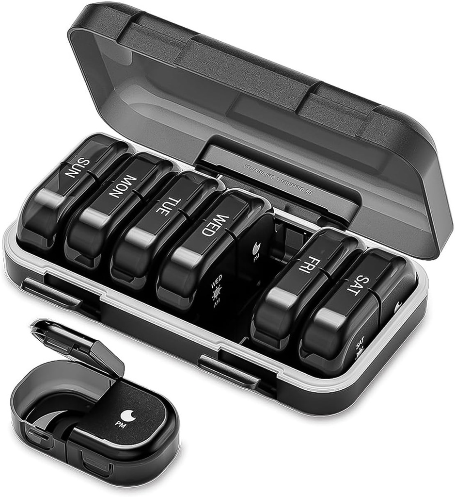 Wöchentlich Pill Organizer 2 Mal am Tag, PM Pill Organizer 7 Tage, Tragbare Pille Fall 14 Tage, Moisture Proof große Pillenspender, große Reise Pille Box für Vitamine Beilagen (Schwarz)