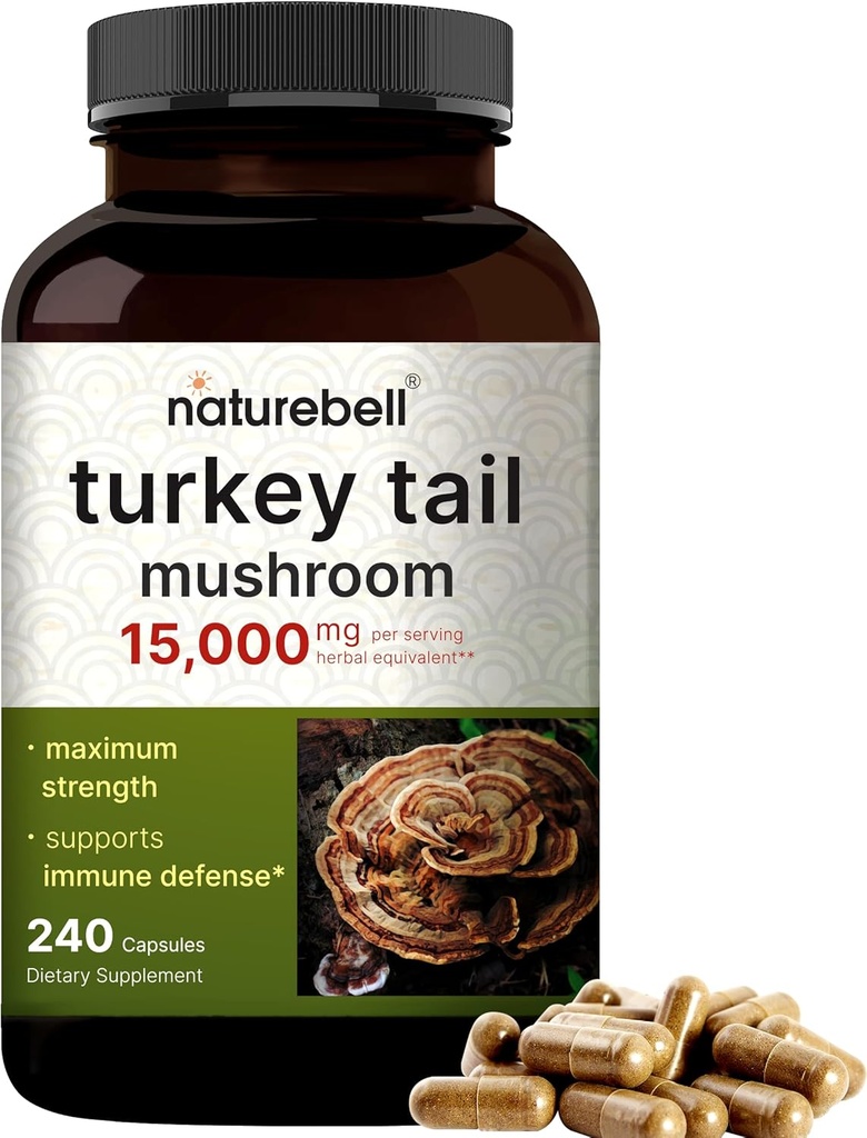 NatureBell Turkey Tail Mushroom Capsules 15.000mg pro Servierung, 240 Count | 25:1 Fruchtkörper & Mycelextrakt – Immun- & Gehirn-Gesundheitsmushrooms Supplement