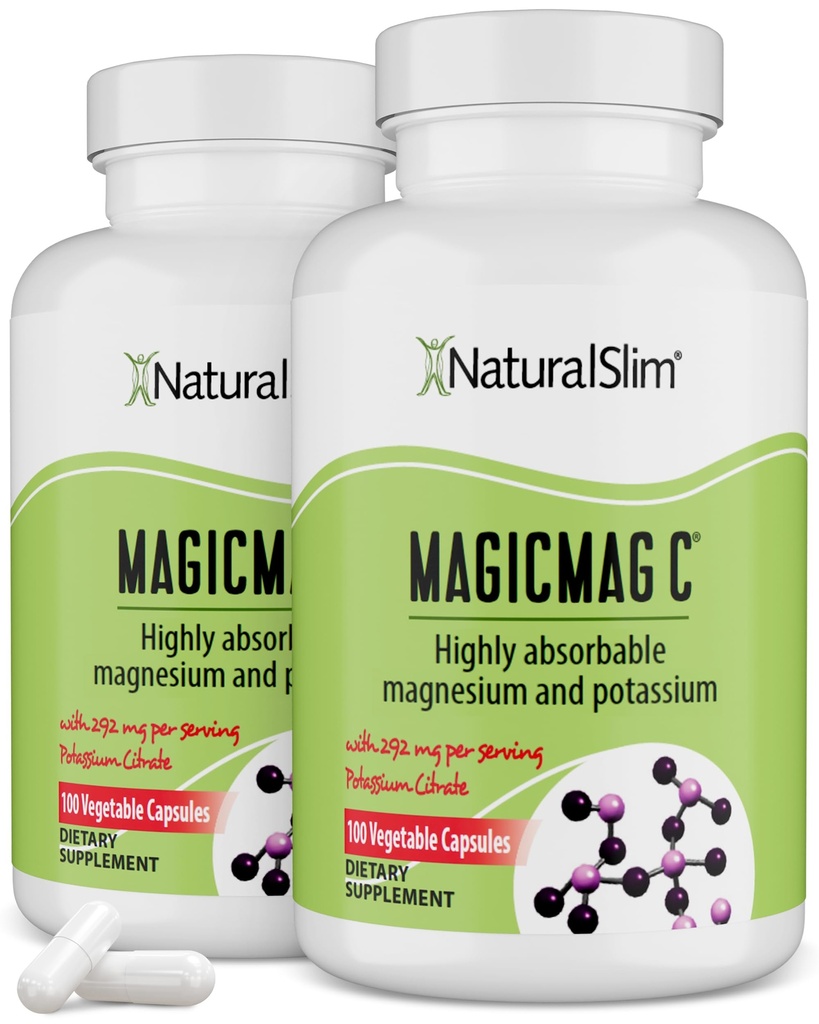 MagicMag C von NaturalSlim, Magnesium Citrat mit Kalium für Muskelentspannung, Schlafqualität, Nervenfunktion und Elektrolytunterstützung, Tägliche Magnesiumergänzung für Männer und Frauen, 100 Kapseln 2pk