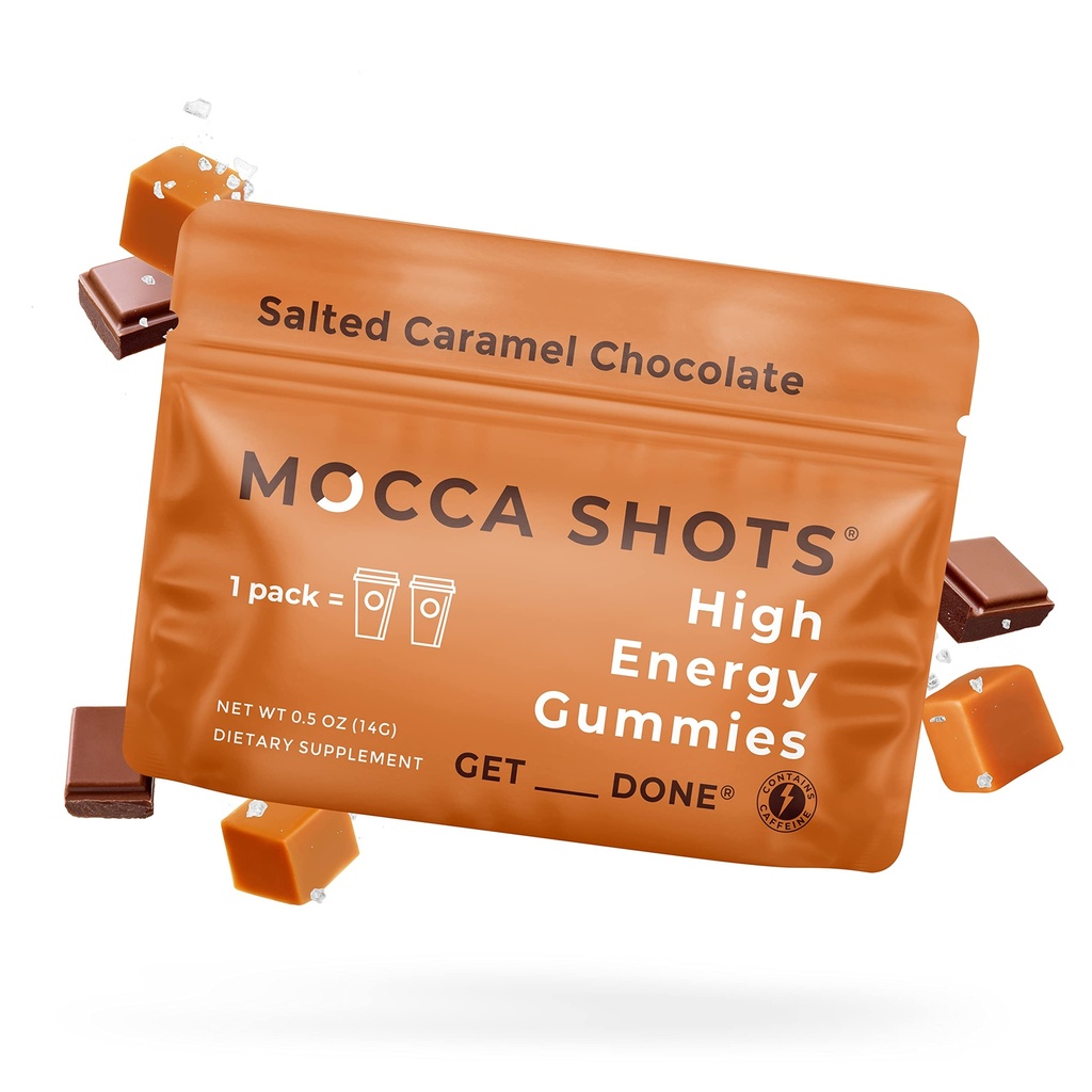 SGC Höchste Konzentration 100mg Koffein pro Gummy, 2 Gummi pro Packung, 12-Pack Mocca Schüsse Gesalzen Caramel Plant-Based nootropic Instant Energy mit Ginkgo biloba, Theobromine.
