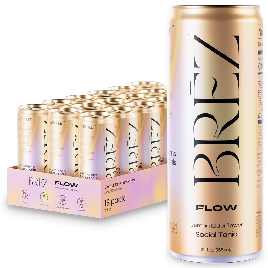 BREZ FLOW Lion's Mane Mushroom Drink, 18-Pack, Non-Infused, Adaptogene, Relieving, Uplifting und Social, Sparkling Lemon Elderflower Tonic 12 Fl oz