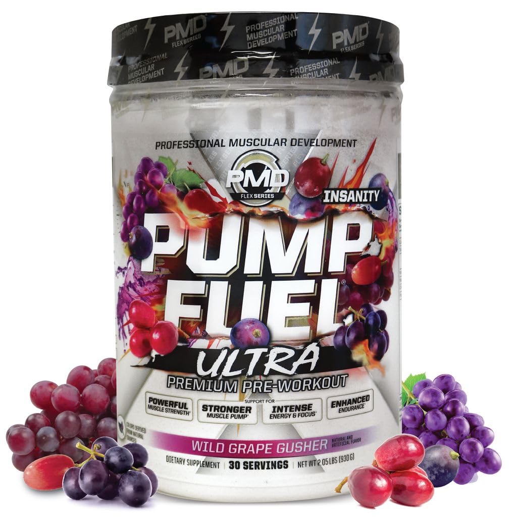 PMD Sports Pump Fuel Ultra Insanity - Premium Pre Workout Powder & Muskelpumpe, Großer Fokus, Endurance & Recovery, Premium Creatine, Arginine & Beta Alanine - Wild Grape Gusher (30 Portionen)