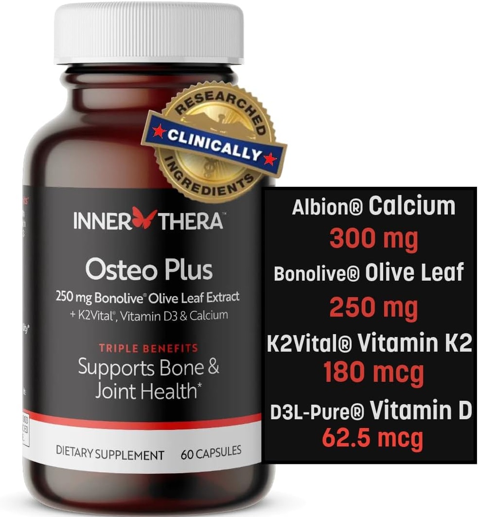 Osteo Plus 4-in-1 Umfassende Ergänzung - Kalzium mit Vitamin D3, K2 und Bonolive - Unterstützt gesundes Altern - Glutenfrei, Non-GMO, Vegan (60 Count)