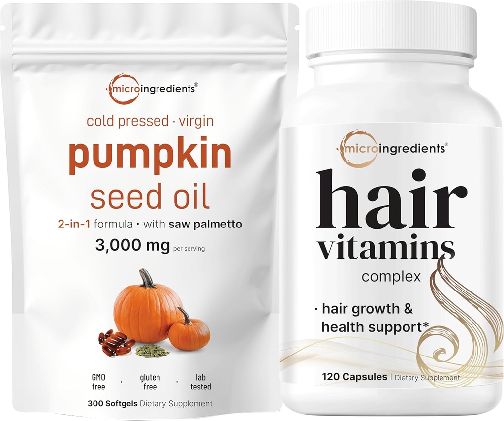 Micro Ingredients Kürbis Seed Oil mit Säge Palmetto 3.000mg Softgels & Hair Vitamins Complex Capsules | 2 Pack Bundle | Cold Pressed Virgin Oil | 14-in-1 Haarwachstumsunterstützung mit Collagen & Biotin