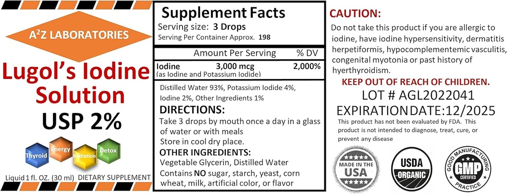 2 x 1 OZ Pack A2Z Organic Lugol's Iodine und Kalium Iodide 2% Lösung 3000 mcg - Flüssige Ergänzung Tropfen für Schilddrüsenunterstützung für Damen und Herren, Stoffwechsel Gesundheit, Detox Boost - 2 x 1 Fl Oz/USA