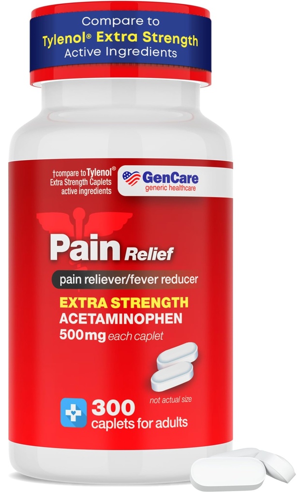 GenCare - Acetaminophen 500mg Extra Strength Pain Relief (300 Caplets) - Multi Symptom Schmerzlinderung für Kopfschmerzen, Sinus, Arthritis, Rückenschmerzen Muskel Ache, Toothache, Fever Reducer, Migraine
