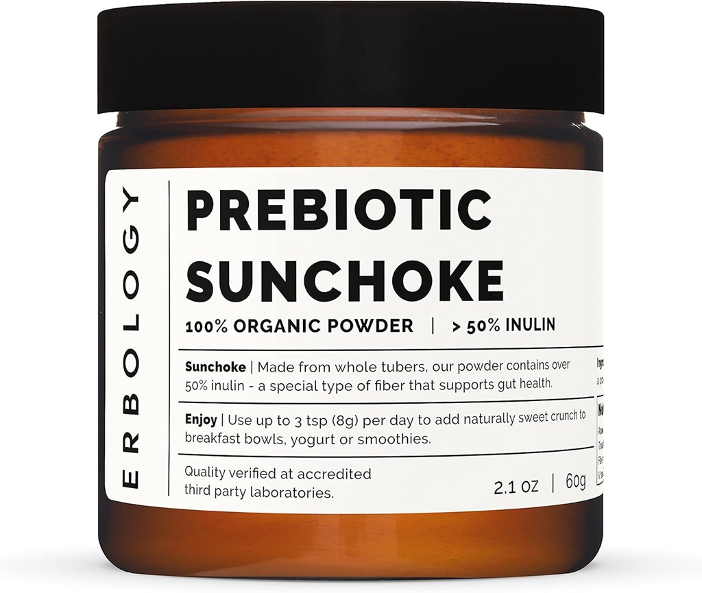 Erbologie Organic Sunchoke Powder 2.1 oz - 30 Servierungen - 50% Prebiotic Inulin Fiber - Unterstützt Gut Gesundheit und fördert Diverse Microbiome - Feed Good Bacteria - Vegan - Glutenfrei - GMO-frei