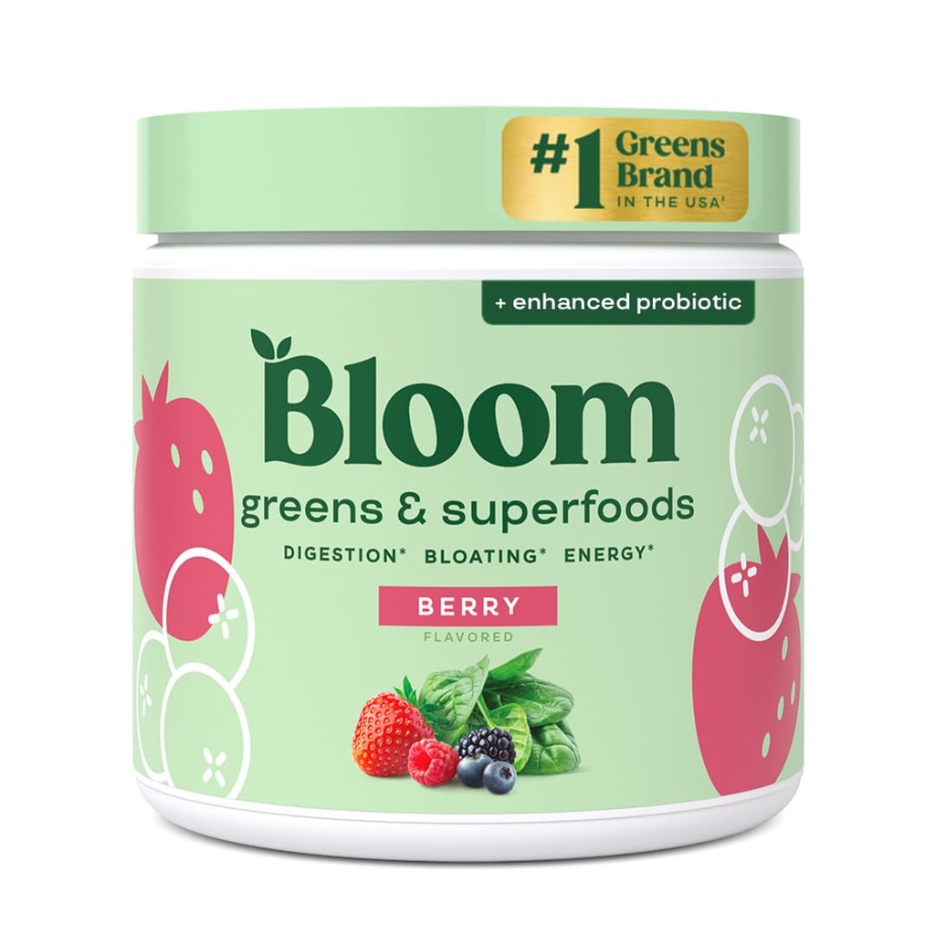Bloom Nutrition Superfood Greens Powder, Digestive Enzyme mit Probiotika und Präbiotika, Gut Health, Bloating Relief für Frauen, Chlorella, Green Juice Mix mit Rübenwurzelpulver, 30 SVG, Berry