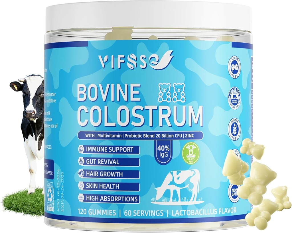 Gras Fed Colostrum Supplement 2000mg, 120 Gummis Sugar Free 40% IgG Bovine Colostrum Gummis + Probiotic, Multivitamin Etc für Immununterstützung, Gut-Unterstützung, Haar & Haut