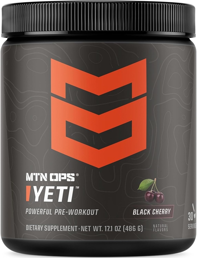 MTN OPS Yeti Pre-Workout Powder Energy Drink mit Kreatin, 200mg Koffein & BCAAs mit Beta Alanine, 30-Serving Tub, Black Cherry