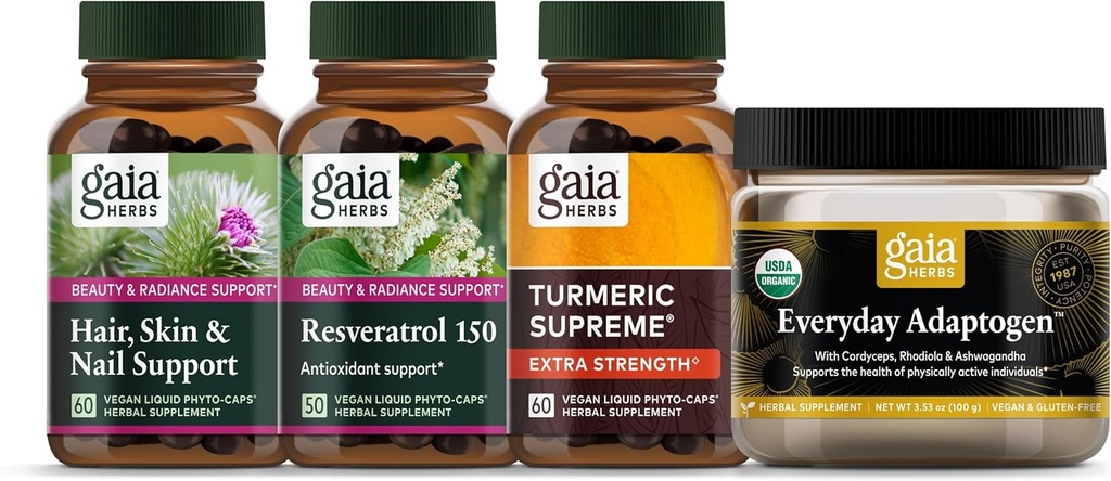Gaia Herbs Beauty Essentials Kit - Haar, Haut, & Nagel Unterstützung, Resveratrol 150, Everyday Adaptogen, Turmeric Supreme Extra Strength