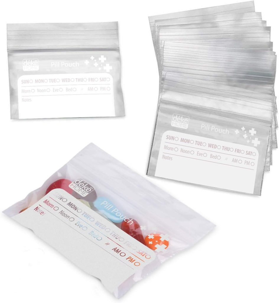 Deke Home - 100 Pack Klare wiederverschließbare Pillentaschen (4x2.75 in), Travel Medicine Pouches mit Aufschrift, BPA-freie Einweg-Pille Organizer für Medikamente, Vitamine & Ergänzungen