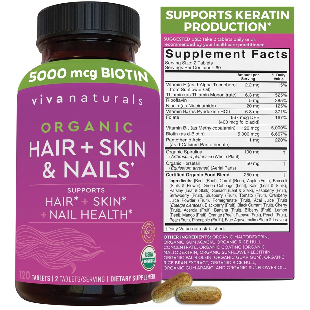 Biotin 5000 mcg Hair Skin Nails Vitamine für Frauen - Organische und vegetarische Ergänzung mit Vitamin E, B-Vitaminen, Spirulina, Horsetail und Superfood Blend zur Herstellung von Keratin -120 Count