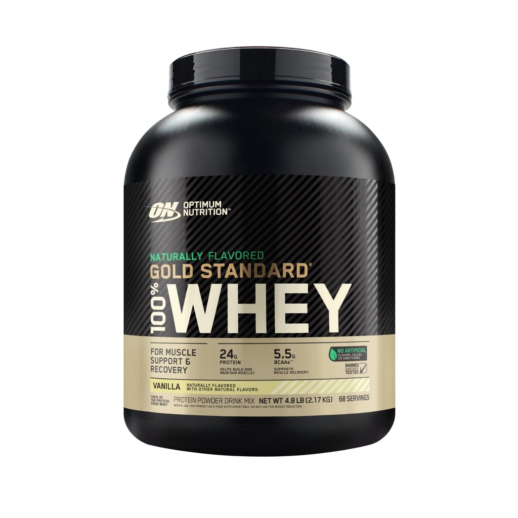 Optimum Nutrition Gold Standard 100% Whey Natürlich geflammt Protein Pulver 4.8 (Verpackung Mai Vary), Vanille, 76.8 Unze