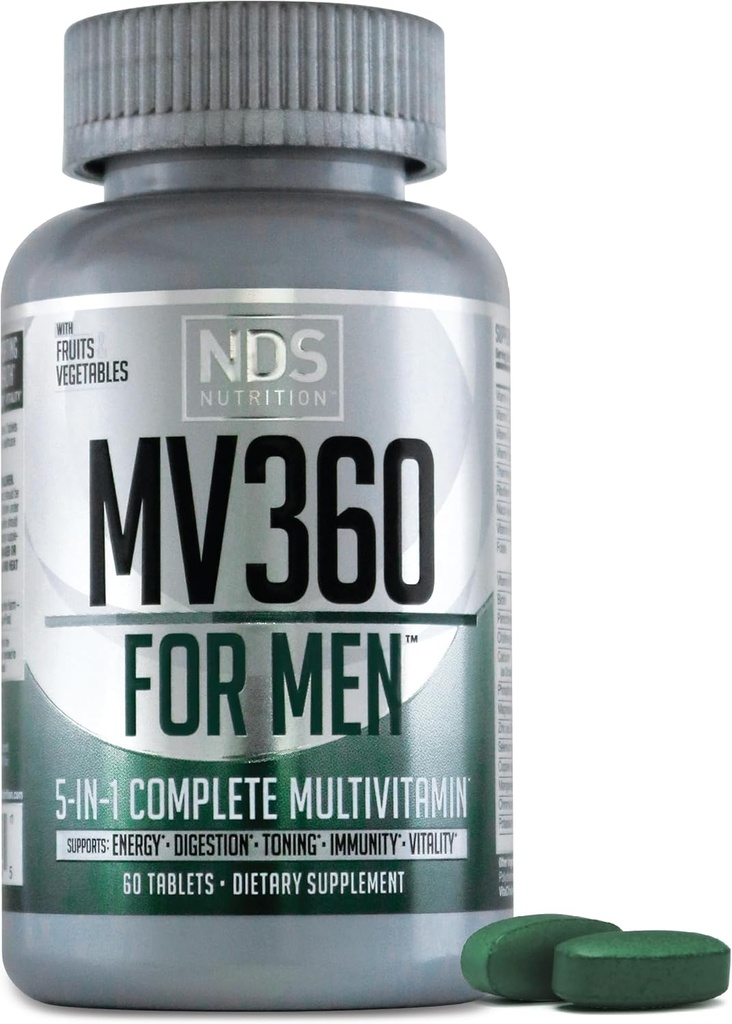 NDS Nutrition MV360 Für Männer, 5-in-1 Komplett Multivitamin für Männer mit essentiellen Mens Vitamine für Energie, Verdauung, Toning, Immununterstützung und Mens Health & Vitality, 60 Tabletten, 30 Servietten