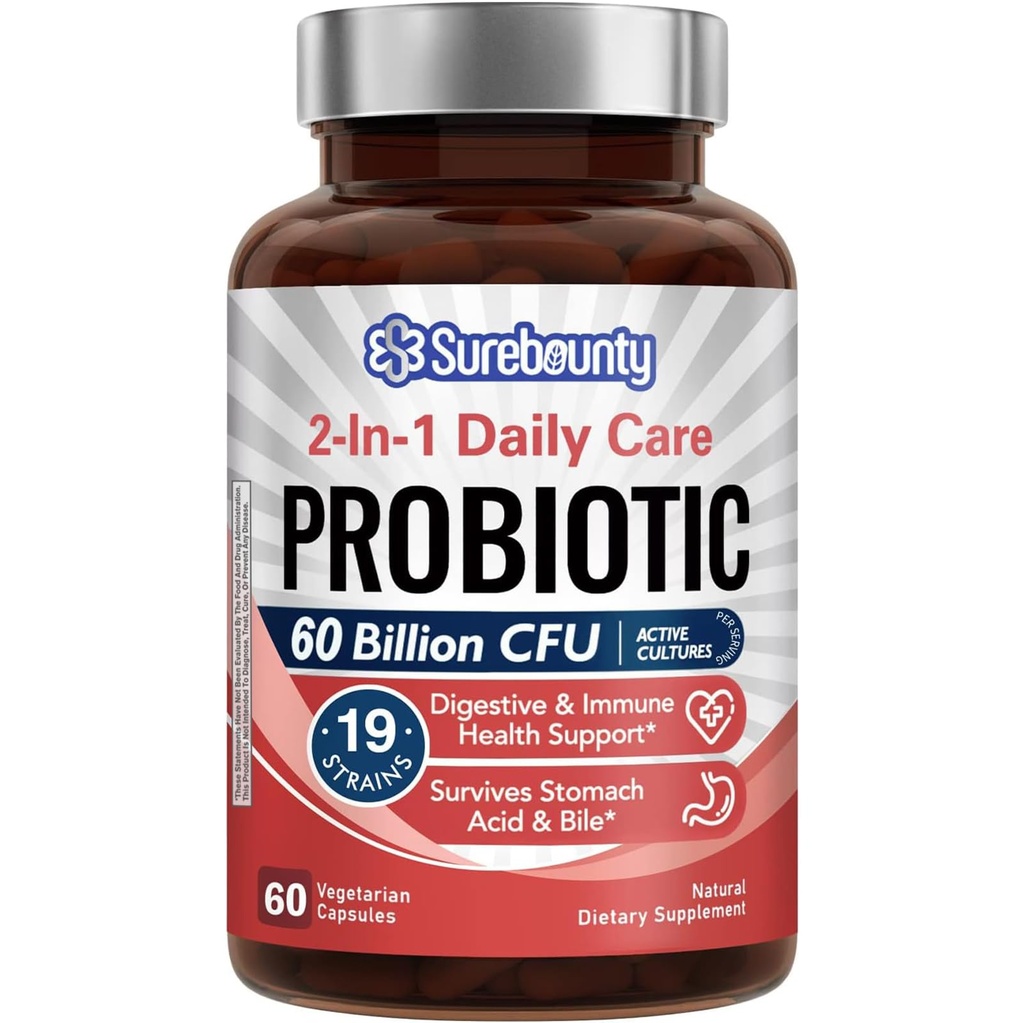 Probiotics 60 Billion CFU 19 Strains for Men & Women, with 100mg Prebiotic, Shelf Stable, 2-in-1 Daily Care Probiotic, Non-GMO, Digestive & Immune Health, 60 Veggie Capsules