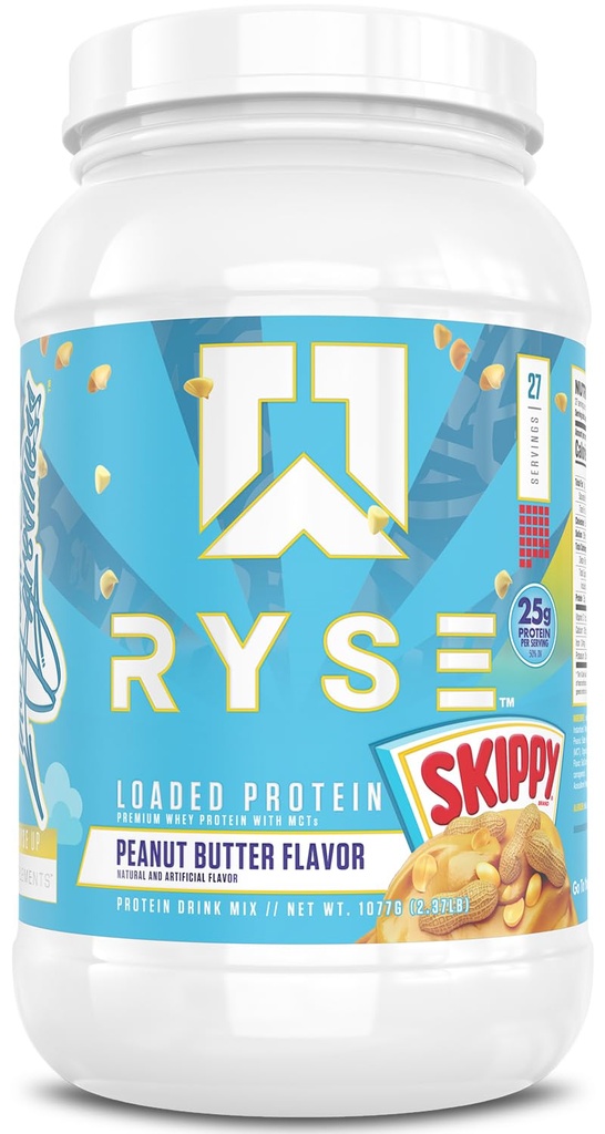 RYSE Loaded Protein Powder - Skippy Peanut Butter - 25g Whey Protein Isolate & Konzentrat mit Prebiotic Fiber & MCT - Low Carb, Low Sugar, Digestive-Friendly - 27 Portionen / 2 lb Tub