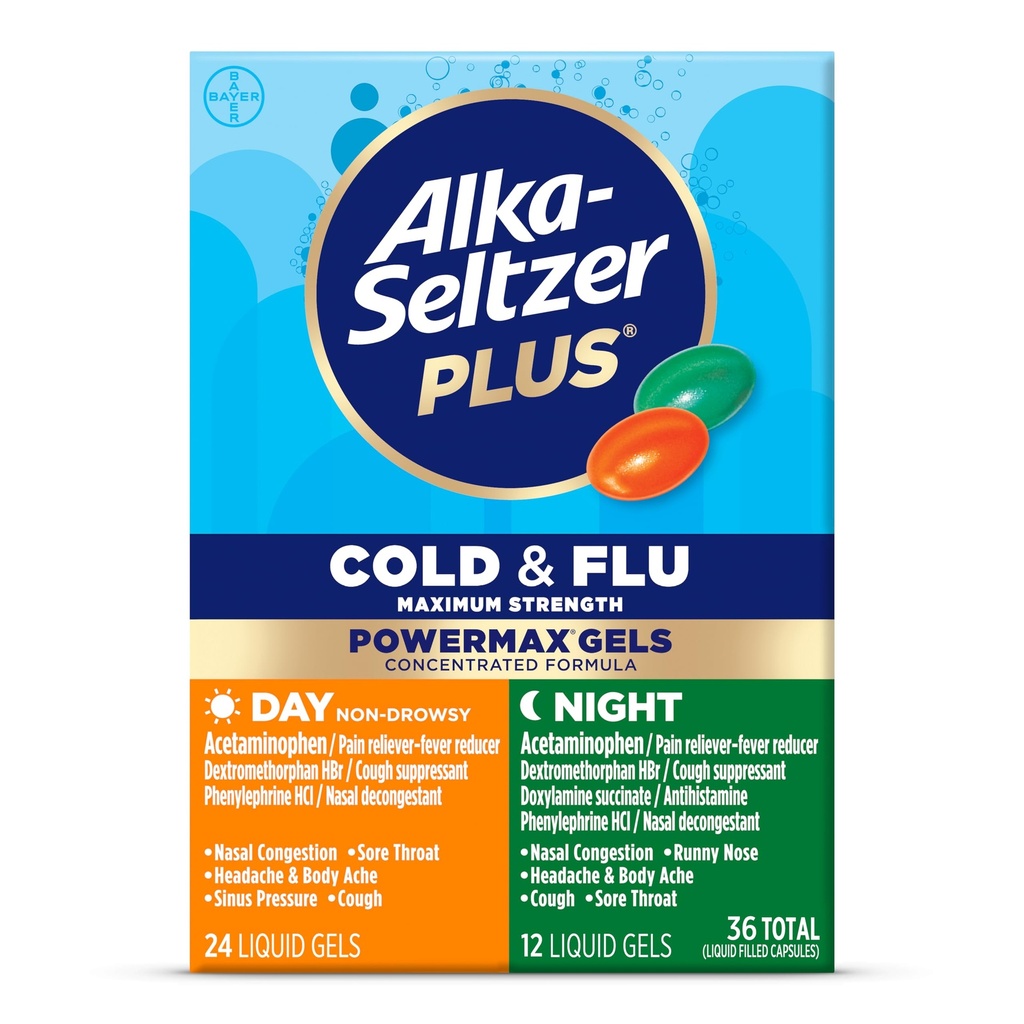 Alka-Seltzer Plus Power Max Cold & Flu Day+Night Medicine: Cough Suppressant, Cold and Flu Medicine für Erwachsene und Kinder 12 Jahre und älter, 36 Count, Packaging May Vary