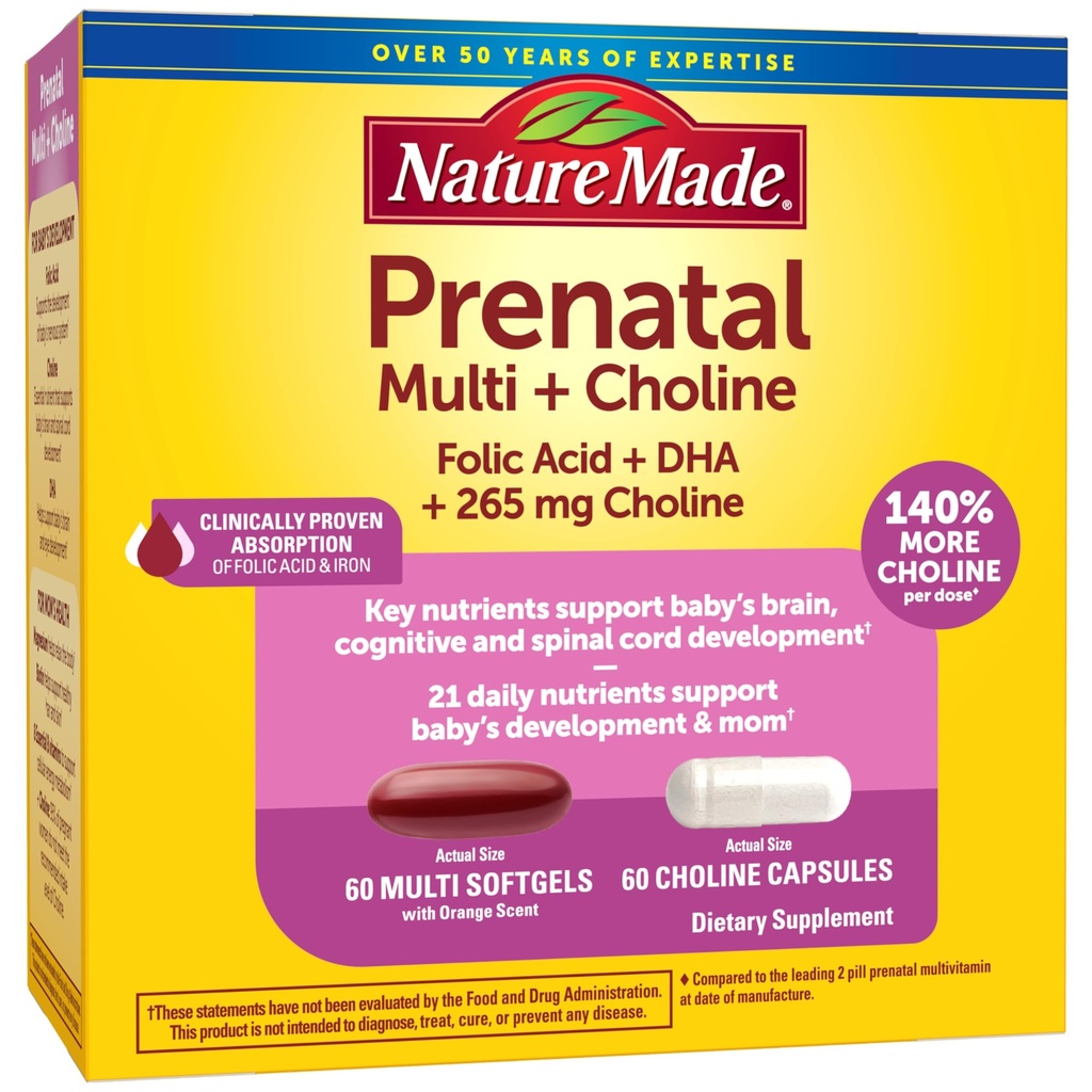 Natur Made Prenatal Vitamin Softgels + Choline Kapseln, Folsäure + DHA + Choline, 60 Pränatale Vitamine für Frauen, 60 Choline Ergänzungen Kapseln, 60 Tage Versorgung