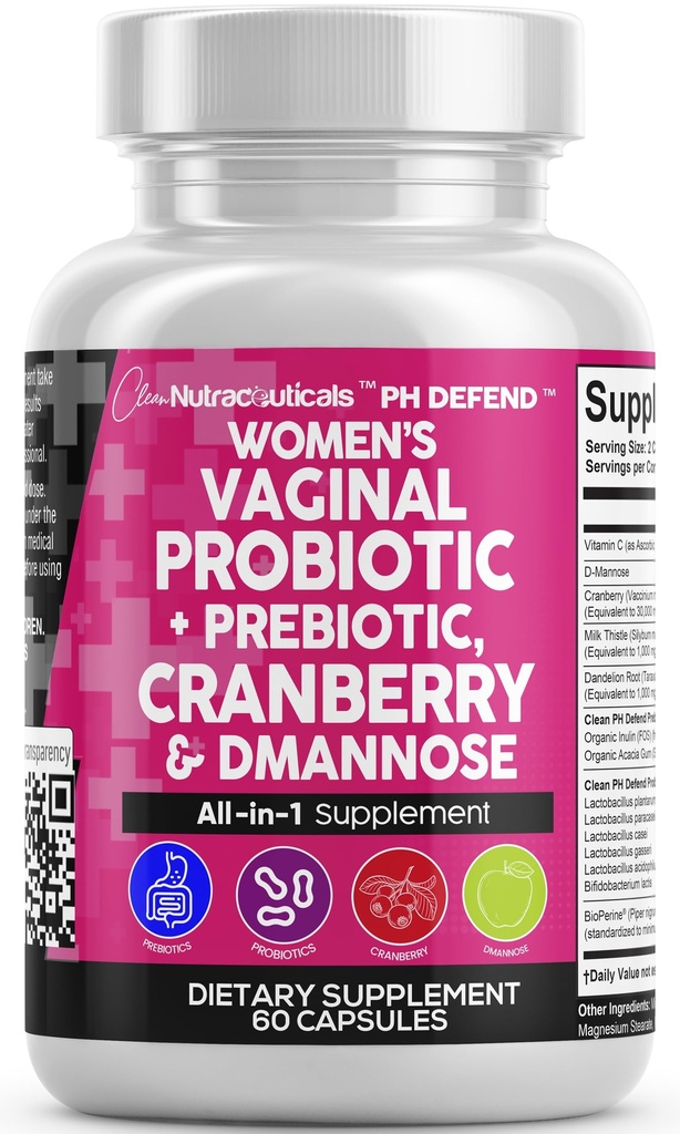 Reine Nutraceuticals Vaginal Probiotika für Frauen mit Cranberry, D-Mannose, Präbiotika, pH-Balance-Unterstützung, weibliche Gesundheit, Urin-Trakt-Reinigung - Kapsel-Alternative zu Gummis - 60 Count