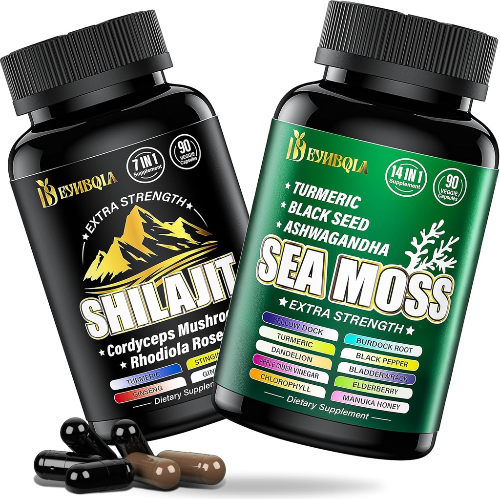 Sea Moss und shilajit Bundle - 90 Count - Sea Moss, Black Seed Oil, Ashwagandha, Turmeric & Shilajit, Rhodiola Rosea,Burdock, Bladderwrack 21 in 1 Beilagen (2 Packungen) Braun