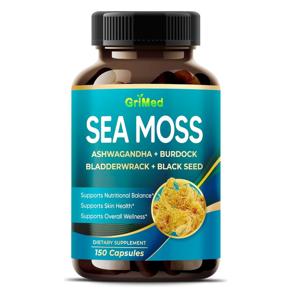 Premium Sea Moss mit Ashwagandha, Burdock Bladderwrack, Schwarz für Immunsystem, Haut, Verdauung & Energie- Made in USA (150 Count (Pack of 1))