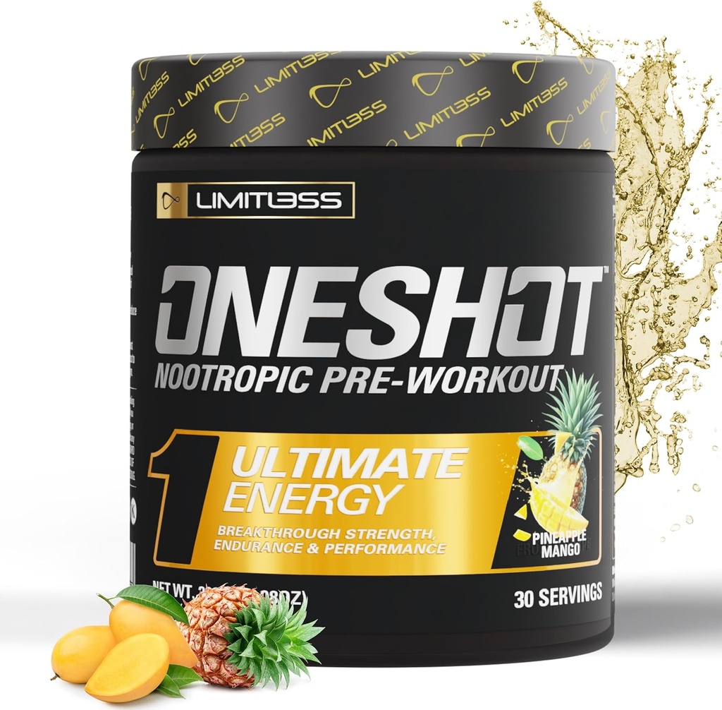 ONESHOT Pre Workout Powder für Männer und Frauen - BCAAS Amino Acids Supplement Powder, 200mg Koffein, Beta Alanine Powder, Citrulline Malate Preworkout Powder - Ananas Mango - 30 Portionen