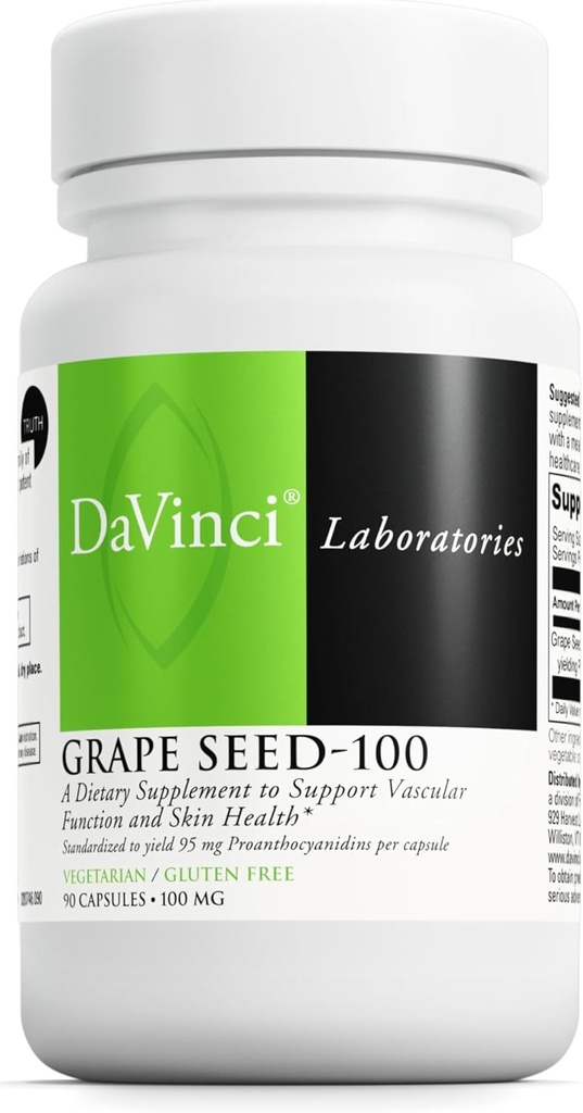DAVINCI Labs Trauben Seed-100 - Nahrungsergänzungsmittel zur Unterstützung von Immunsystem, vskulärer Funktion und gesünder Haut* - mit 100 mg Traubensaftextrakt pro Servierung - Glutenfrei - 90 vegetarische Kapseln