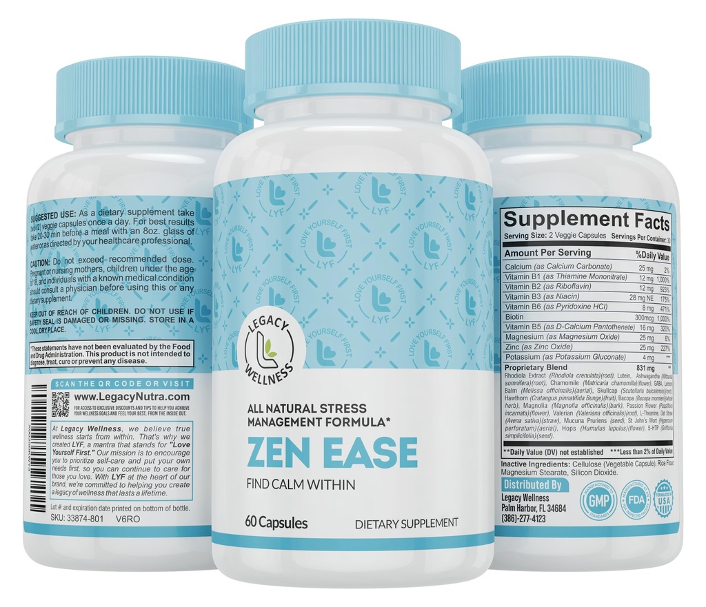 Legacy Wellness Zen Ease Calm Mind Supplement - Natürliche Vegan Formel - 5-HTP, Ashwagandha, St. John's Wort, L-Theanin, Magnesium, B-Vitamins - Kapseln, um ein gutes Gefühl des Friedens zu fördern