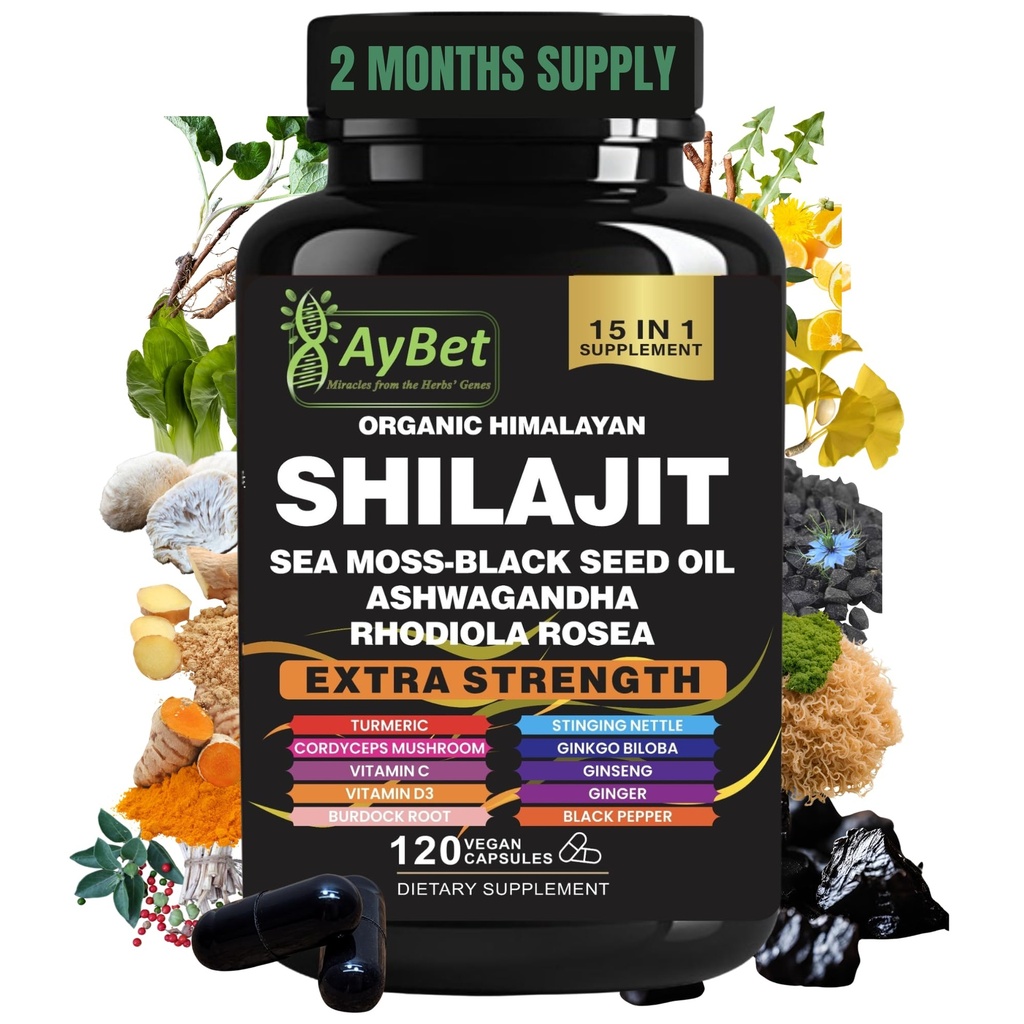 Shilajit für Männer und Frauen-Organic Himalayan Shilajit Capsules mit Sea Moss, Black Seed Oil, Ashwagandha, Rhodiola Rosea, Burdock, Cordyceps Pilz, Ginseng, Turmeric, Ginger, 120 Kapseln