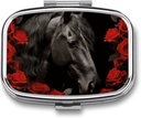 Schwarzes Pferd auf einem Hintergrund von Rote Rosen Pille Box 2 Compartment Tragbare Pille Fall Tägliche Square Pille Organizer für Pocket Purse Tägliche Medizin Behälter Vitamine zu halten Fischöl Reise Geschenke