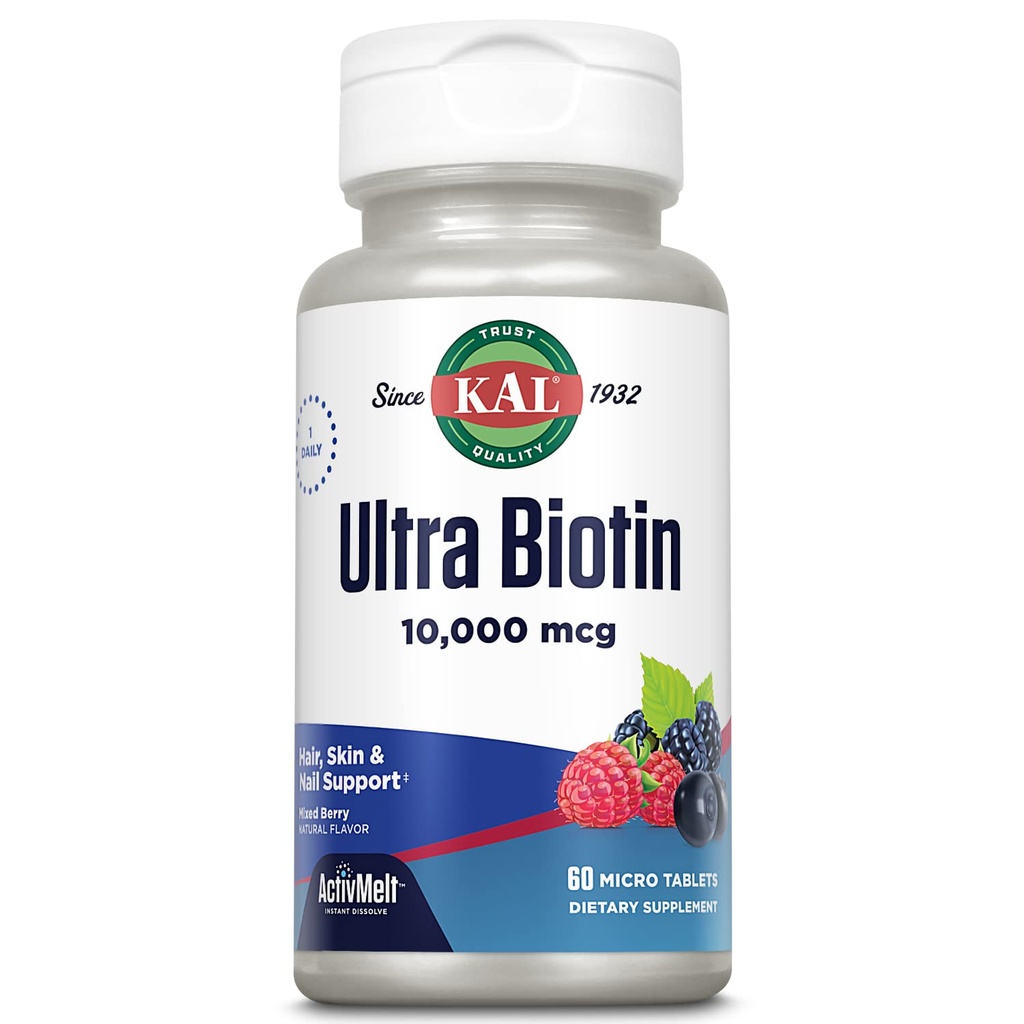 KAL Ultra Biotin 10000mcg ActivMelt, Haarwachstumsergänzung, hohe Potenz Vitamin B7 für gesundes Haar, Haut, Nägel und Energie Unterstützung, Vegetarisch, natürliche gemischte Berry Flavor, 60 Serv, 60 Micro Tablets