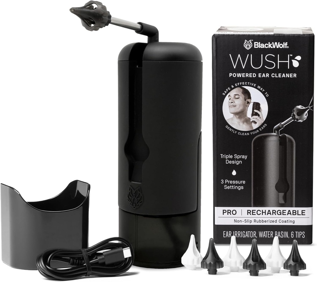 Wush Pro von Black Wolf- Deluxe Wasserbetriebener Reiniger- Safe & Effective- Electric Triple Jet Stream 3 Druckeinstellungen für Ear Wax Buildup- Ear Wax Entfernung Kit- Wasserbeständig USB wiederaufladbar