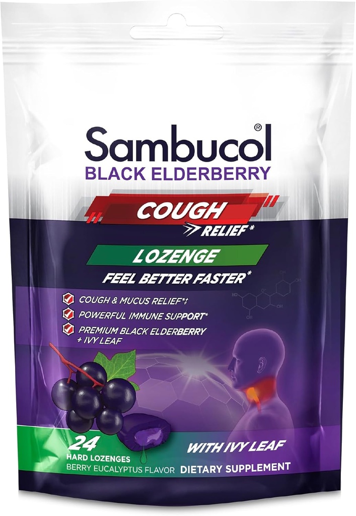 Sambucol Black Elderberry Cough Relief Lozenges - Cough Drops für Erwachsene, Sambucus Elderberry Lozenges, mit Ivy Leaf, Cough & Mucus Relief, Immununterstützung, Berry Eucalyptus - 24 Count, 3 Pack