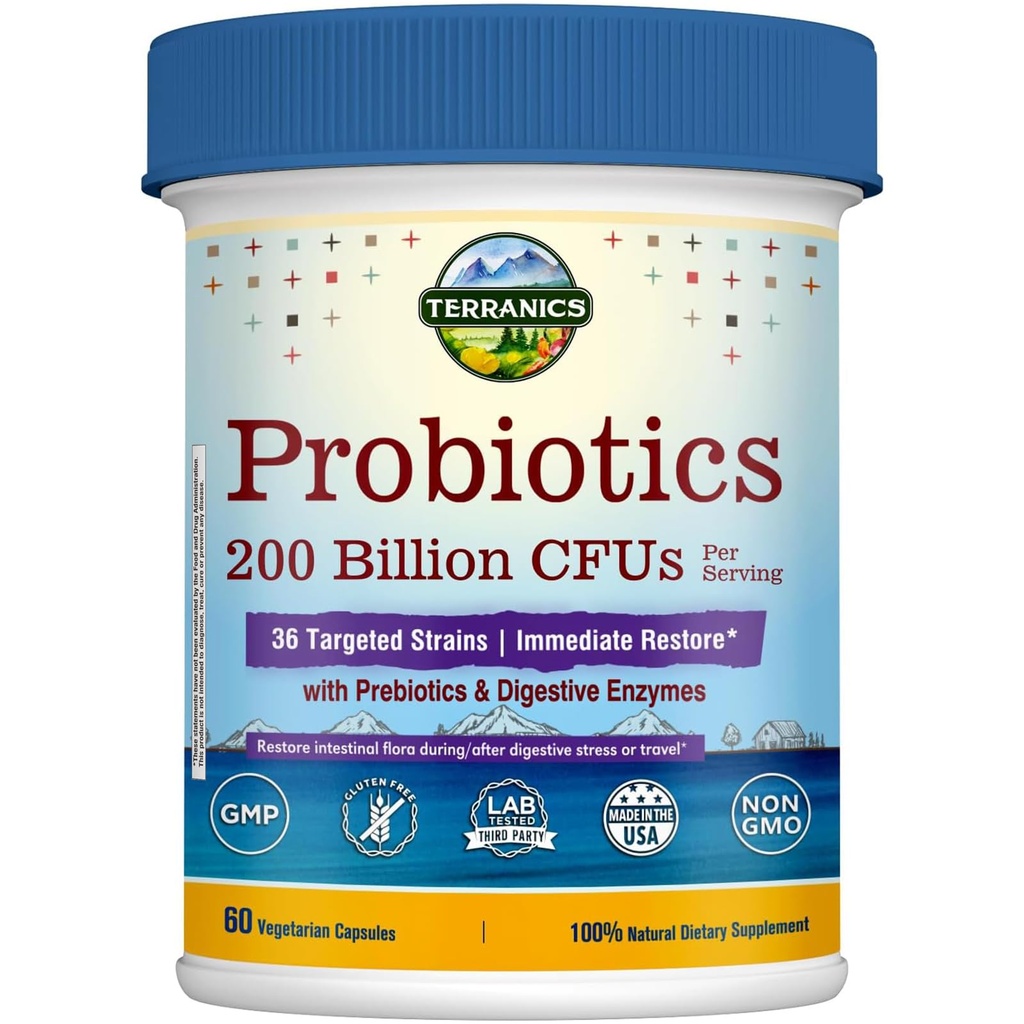 Terranics Daily Probiotics for Men & Women, 200 Billion 36 Strains Immediate Restore Probiotics, mit Prebiotics & Enzymes, Gesunde Regelmäßigkeit, verzögerte Veröffentlichung, Regal Stabil, 60 Veggie Caps