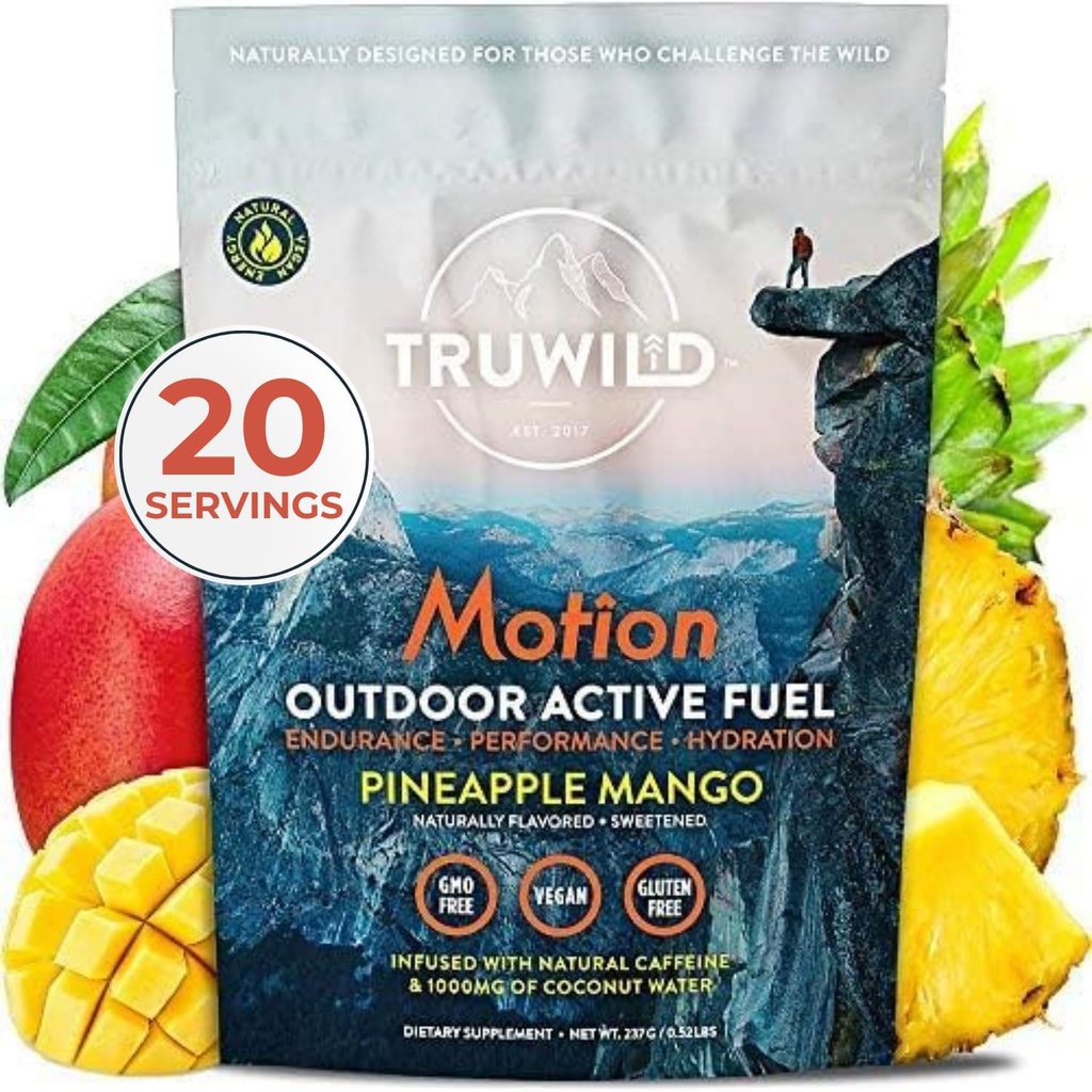 TruWild Motion Alle natürlichen Vor-Workout-Pulver-Mischung für Männer und Frauen mit No Jitters oder Crash, Ganze Lebensmittel-Pflanze basiert Vegan, Organisch mit Elektrolyten + BioPerine, 20 Portionen (Pineapple Mango)
