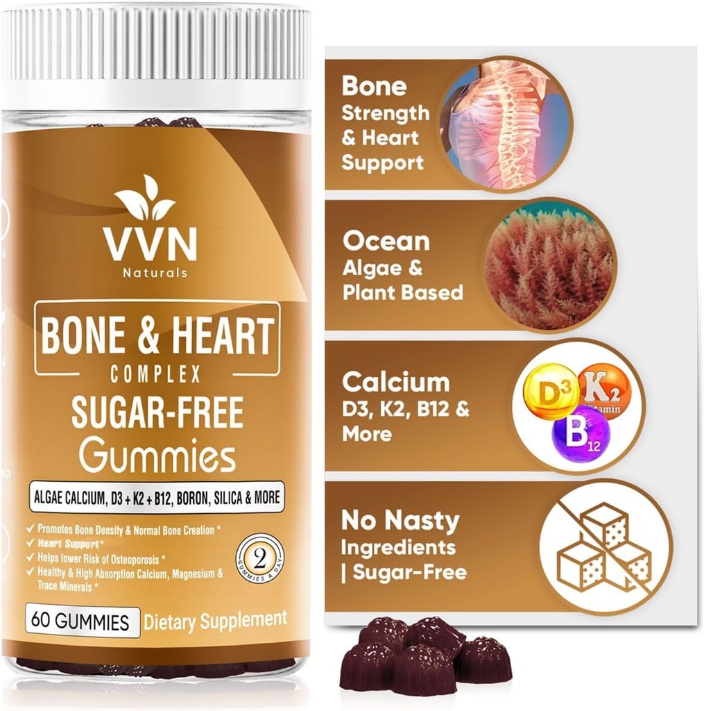 Vegane Kalziumgummis K2 Vitamin-Ergänzung mit MK-7 & Vitamin D3, Magnesium & 13 Trace Minerals, Unterstützung von Knochendichte | Plant Based | B12 - Knochen & Herz Complex, 60 ct.