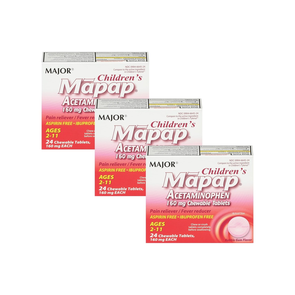 MAJOR Kinder Mapap Acetaminophen 160 mg Kautabletten - Pain Reliever/Fever Reducer - Aspirin Free - Ibuprofen Free - für Alter 2 bis 11-24 Count (3 Pack)