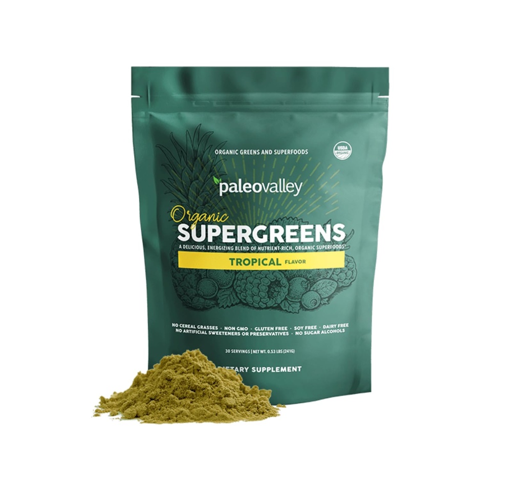 Paleovalley Organic Supergreens Powder - 23 Superfoods mit Prebiotic Fiber for Energy and Immunity Support - keine Getreiderasen für maximale Absorption - Tropical, 28 Servietten