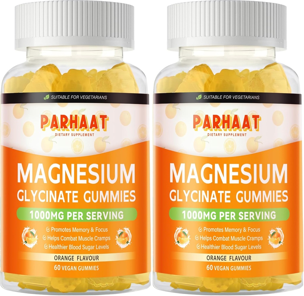 Magnesium Glycinate Gummies 1000mg - Zuckerfreie Magnesium Kalium-Ergänzung mit Vitamin D, B6, CoQ10 für ruhige Stimmung & Schlaf-Unterstützung - 120 Orange Gummies 2 Pac